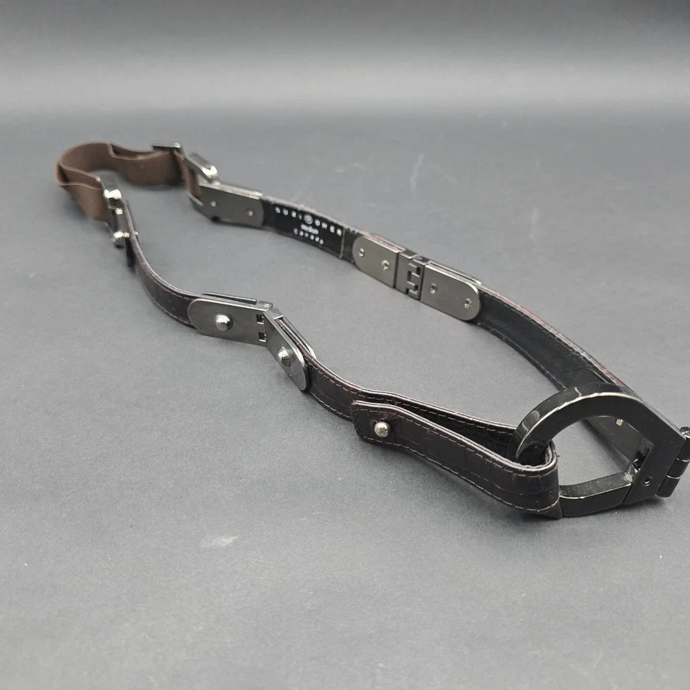 Suzi Roher Metal Leather Stretch Belt Brown Croc Gunmetal Carabiner Medium